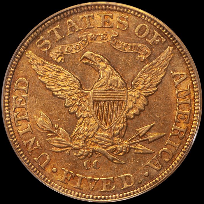 Half Eagle. 1893-CC Carson City $5 gold coin. PCGS AU55. CAC Gold Sticker. OGH.