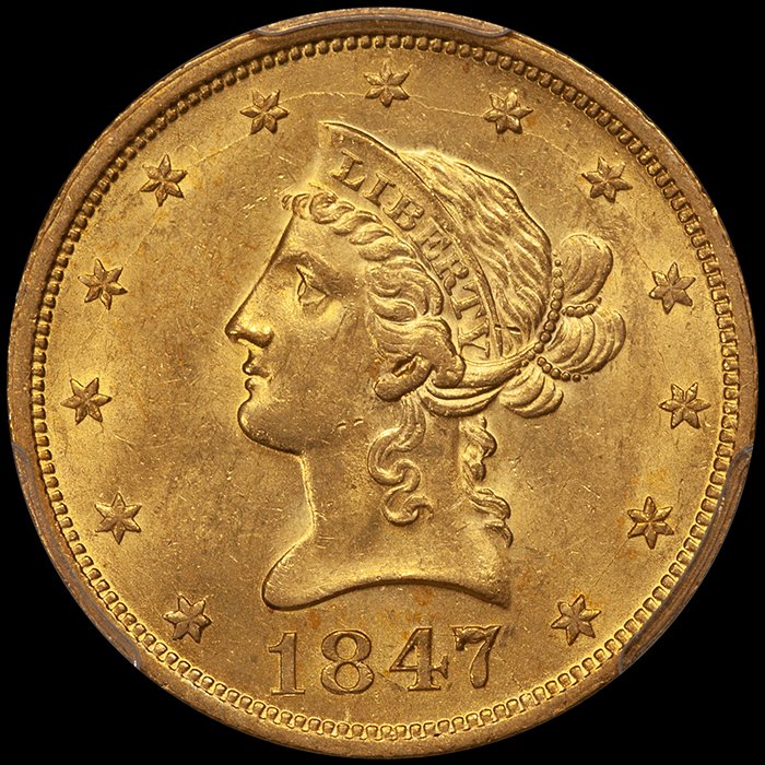Eagle. 1847-O New Orleans $10 gold coin. PCGS MS63.