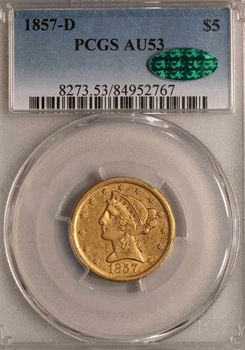Half Eagle. 1857-D Dahlonega $5 gold coin. PCGS AU53 CAC.