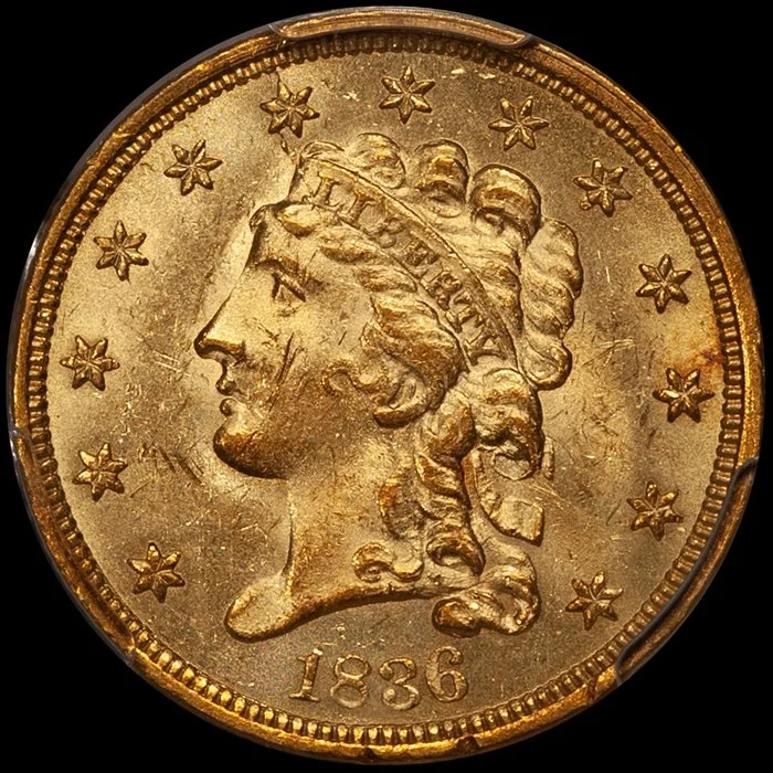 Quarter Eagle. 1836 Script 8 $2.50 gold coin. PCGS MS63.