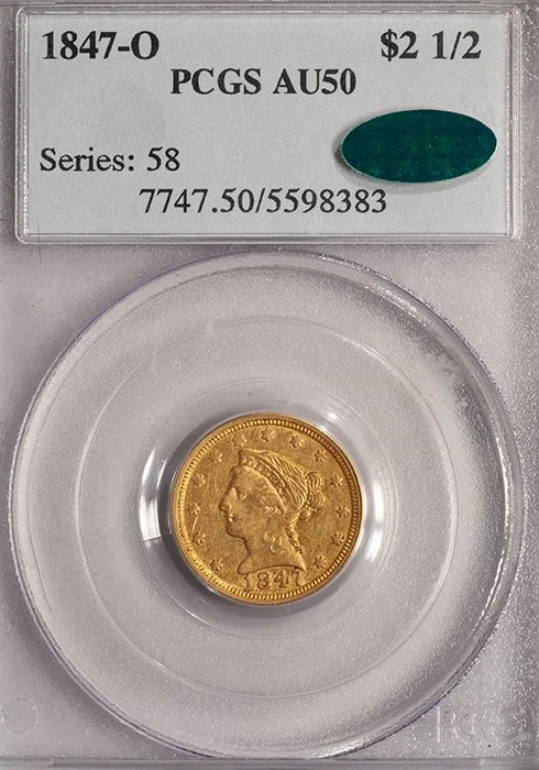 Quarter Eagle. 1847-O New Orleans $2.50 gold coin. PCGS AU50 CAC