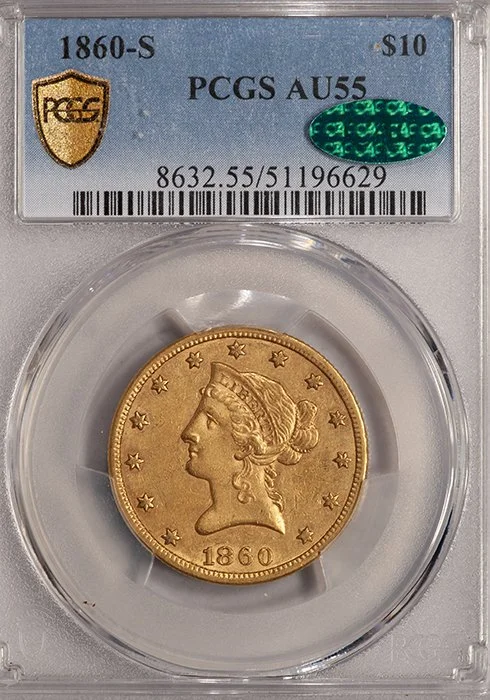 Eagle. 1860-S San Francisco $10 gold coin. PCGS AU55 CAC.