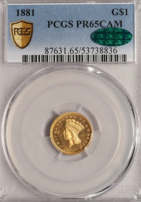Gold Dollar. 1881 Proof $1.00 gold coin. PCGS PR65CAM CAC.