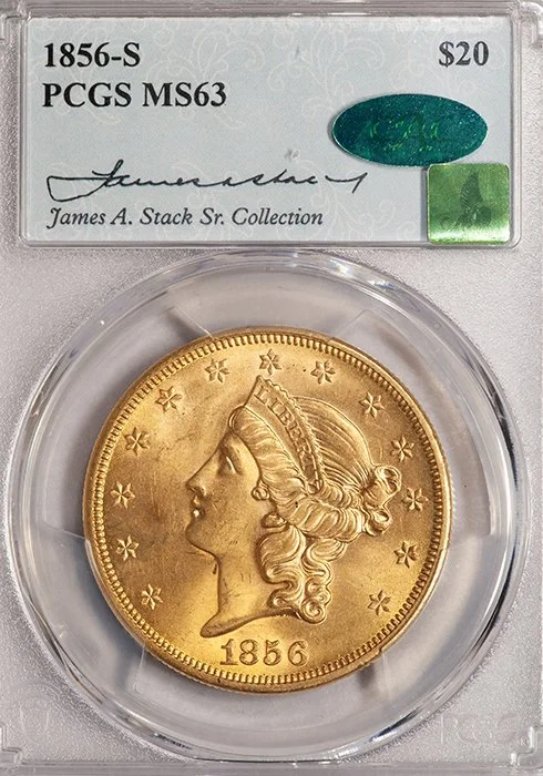 Double Eagle. 1856-S San Francisco $20 gold coin. PCGS MS63 CAC. James Stack Collection.