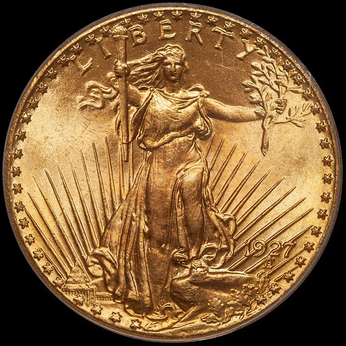 Double Eagle. 1927 20 gold coin. PCGS MS66 CAC. Rare Gold Coins