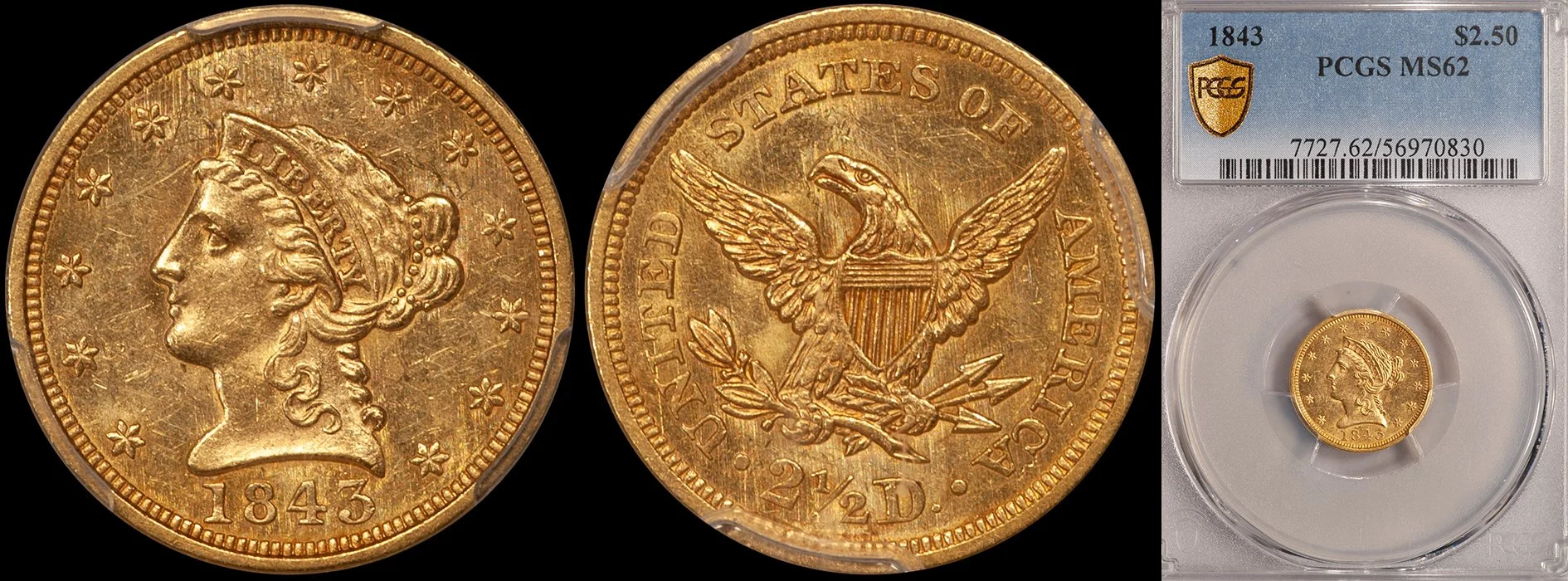JUST ADDED - $2.50 - 1843 PCGS MS62