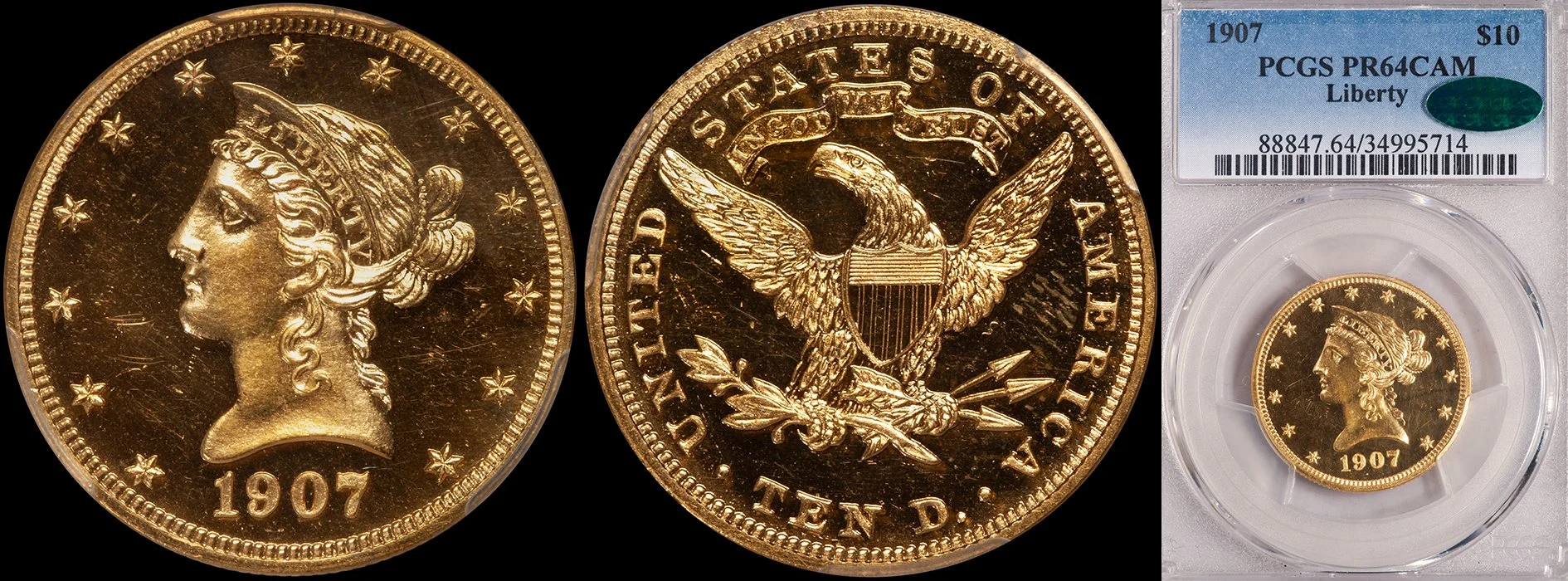 Eagle. 1907 Liberty $10 gold coin. PCGS PR64CAM CAC.