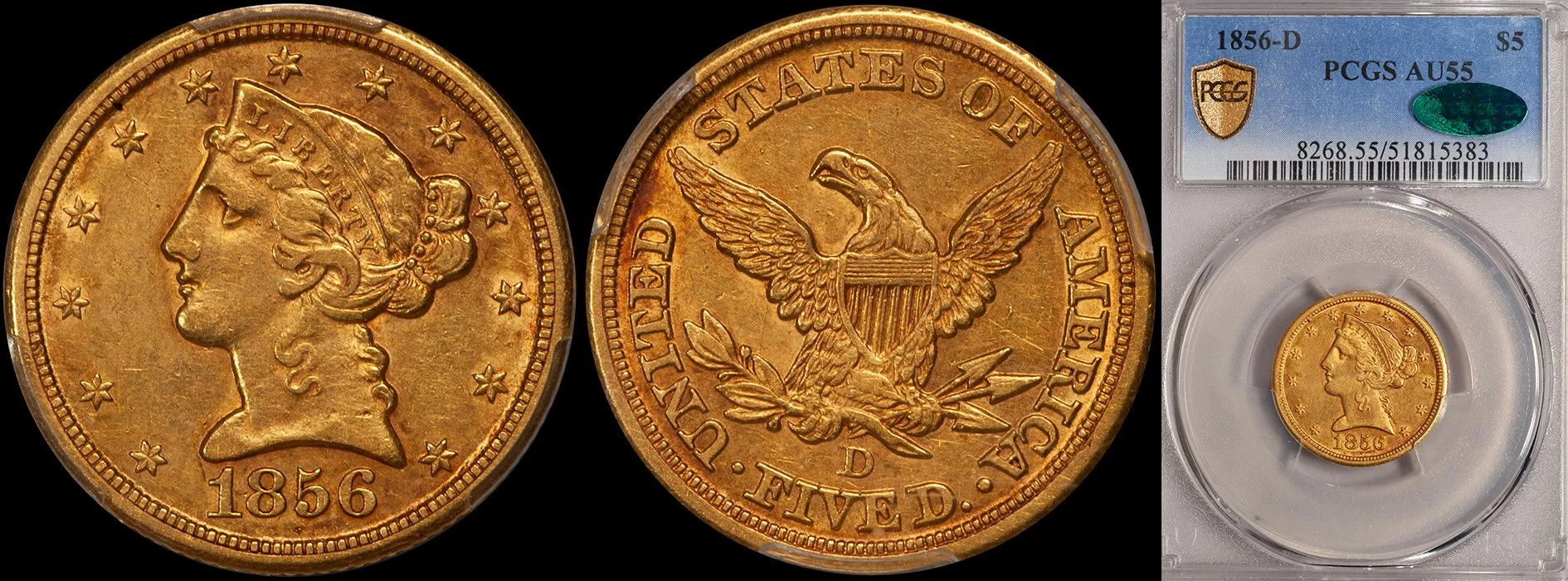 Half Eagle. 1856-D Dahlonega $5.00 gold coin. PCGS AU55 CAC.