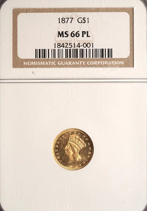 Gold Dollar. 1877 Prooflike $1.00 gold coin. NGC MS66PL.