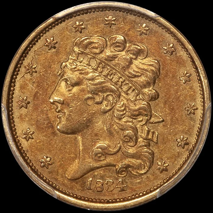 Half Eagle. 1834 Classic, Plain 4, $5 gold coin. PCGS AU55 CAC.