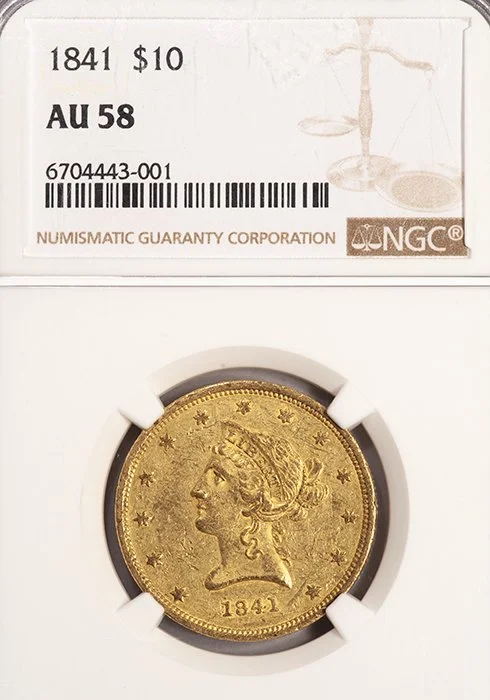 Eagle. 1841 $10 gold coin. NGC AU58.