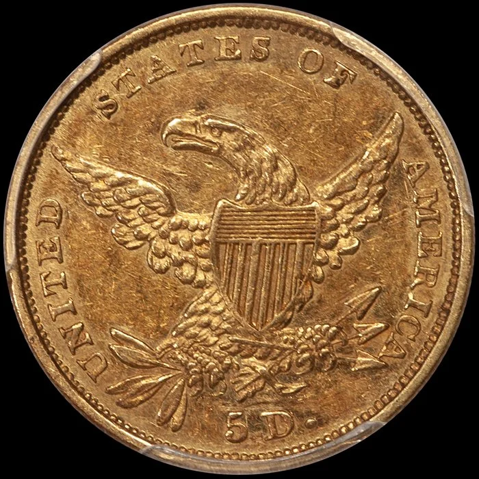 Half Eagle. 1834 Classic, Plain 4, $5 gold coin. PCGS AU55 CAC.