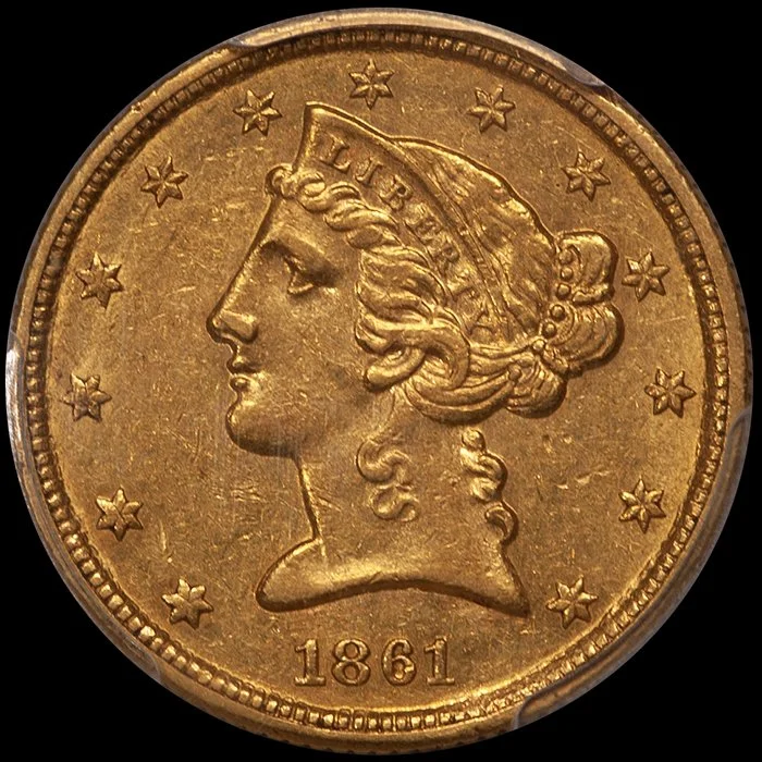 Half Eagle. 1861-C Charlotte $5.00 gold coin. PCGS AU58 CAC.