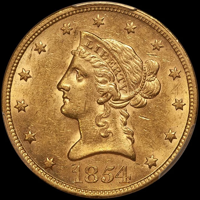 Eagle. 1854 $10 gold coin. PCGS AU55 CAC.