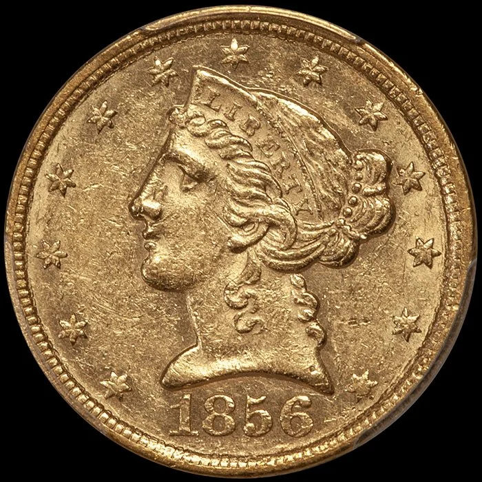 Half Eagle. 1856-C Charlotte $5 gold coin. PCGS AU55.