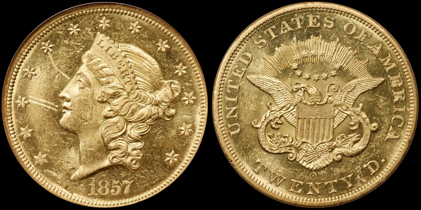 LOT 3389: 1857-O $20, NGC MS62PL, courtesy of Heritage