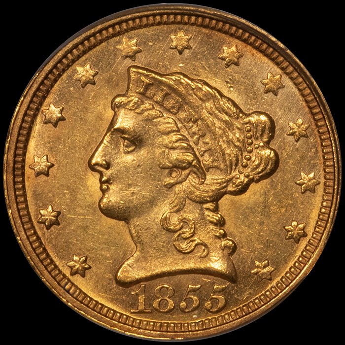 Quarter Eagle. 1855-C Charlotte $2.50 gold coin. PCGS MS62 CAC.