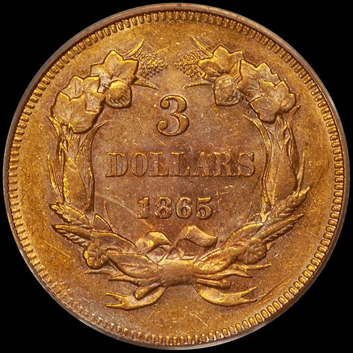 Three Dollars. 1865 $3 gold coin. PCGS AU55 CAC.