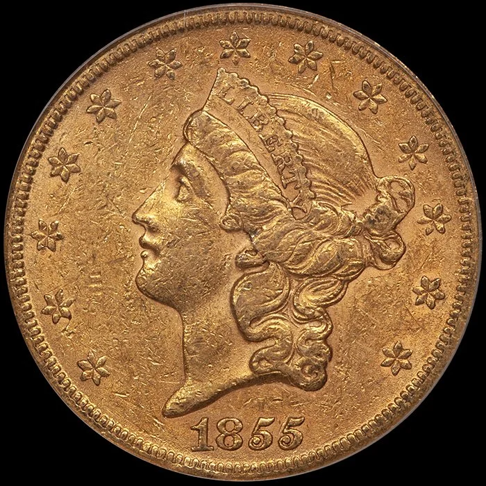 Double Eagle. 1855-S San Francisco $20 gold coin. PCGS EF40 CAC Gold sticker. OGH.