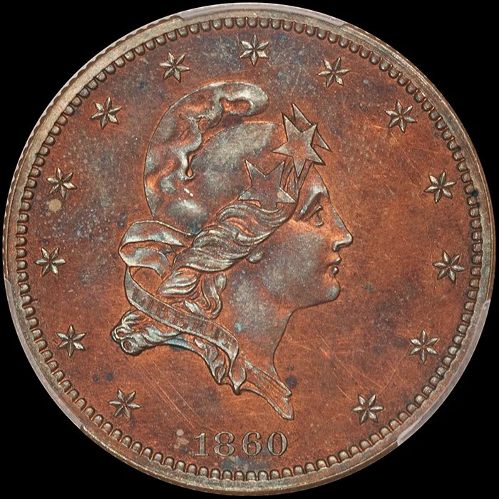 Half Eagle. Pattern 1860 $5.00 coin. J-272. PCGS PR64+RB CAC. Ex Simpson.