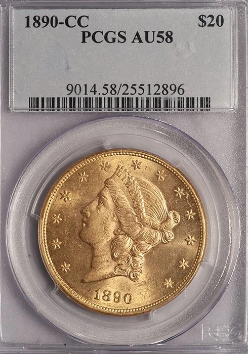 Double Eagle. 1890-CC Carson City $20 gold coin. PCGS AU58.