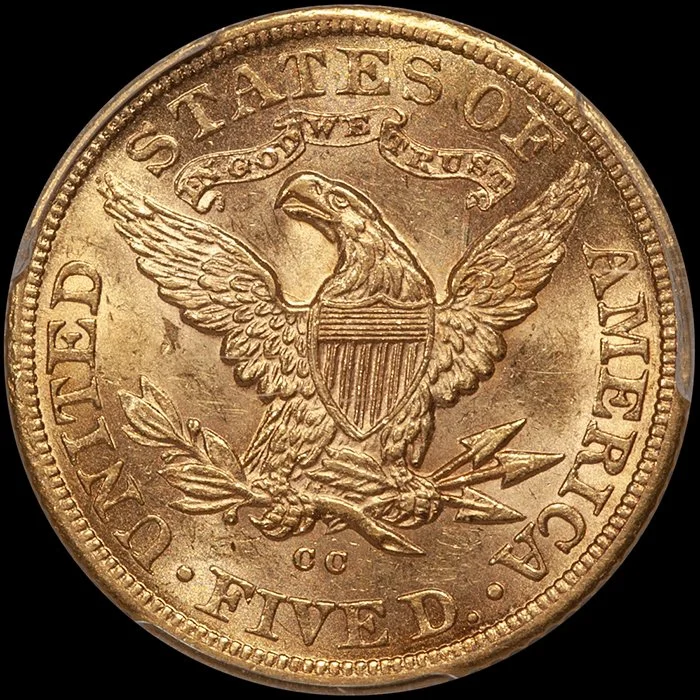 Half Eagle. 1883-CC Carson City $5 gold coin. PCGS MS62.