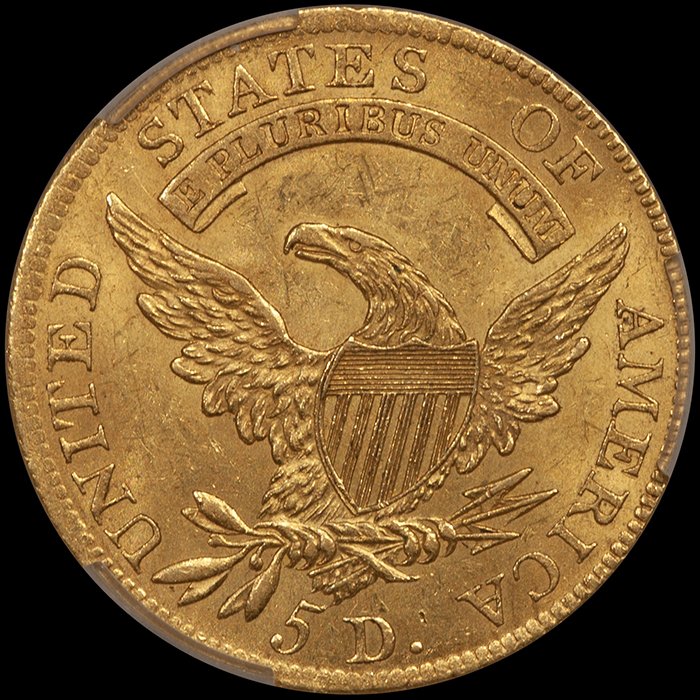 Half Eagle. 1807 Capped Bust Left $5 gold coin. CACG MS61. |