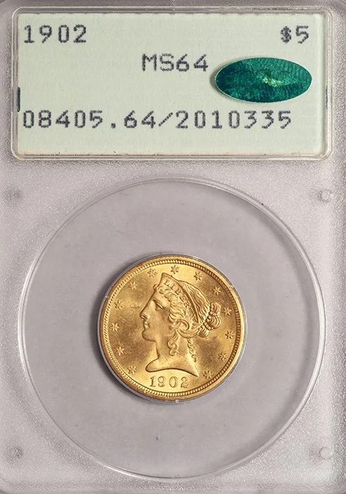 Half Eagle. 1902 $5 gold coin. PCGS "rattler" holder, MS64 CAC.