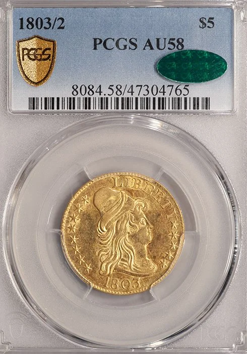 Half Eagle. 1803/2 $5 gold coin. PCGS AU58 CAC.