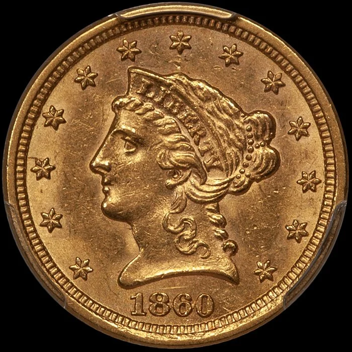 Quarter Eagle. 1860-S San Francisco $2.50 gold coin. PCGS MS61.