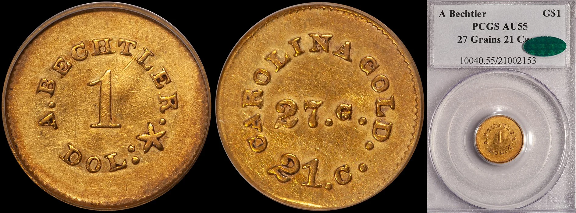 ON HOLD - $1.00 - A. Bechtler, 27 G, 21 C, PCGS AU55 CAC