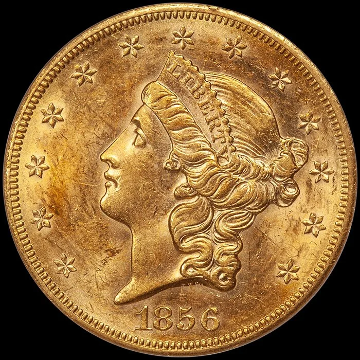 Double Eagle. 1856-S San Francisco $20 gold coin. PCGS AU55 CAC