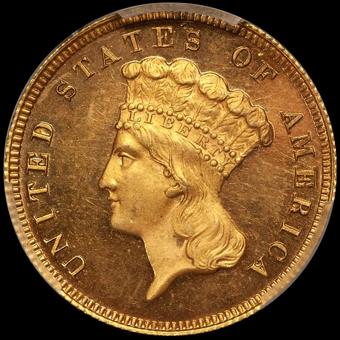 Three Dollars. 1871 J-1482 Pattern $3 gold coin. Gilt. PCGS PR66CAM.
