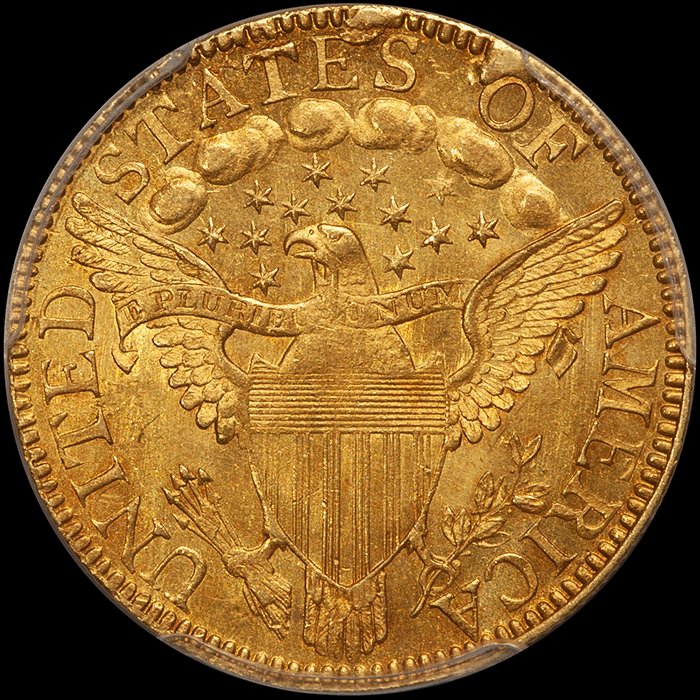 Half Eagle. 1798 $5.00 gold coin. PCGS MS62 CAC. Large 8, 13 Stars.