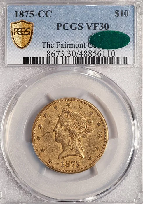 Eagle. 1875-CC Carson City $10 gold coin. PCGS VF35 CAC.