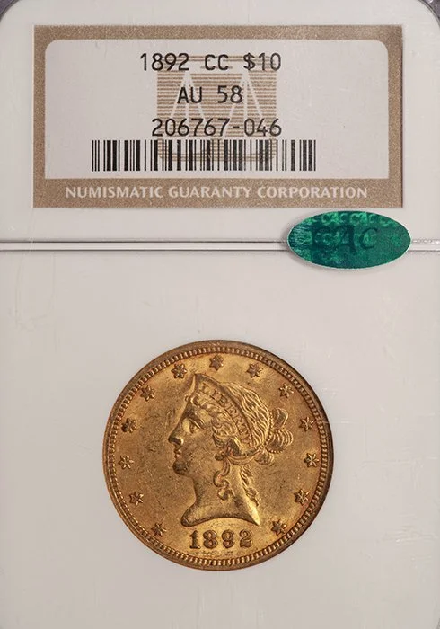 Eagle. 1892-CC Carson City $10 gold coin. NGC AU58 CAC.