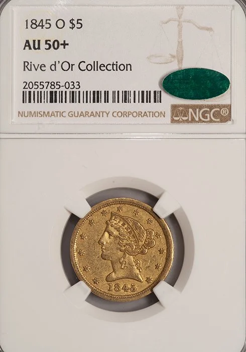 Half Eagle. 1845-O New Orleans $5 gold coin. NGC AU50+ CAC.