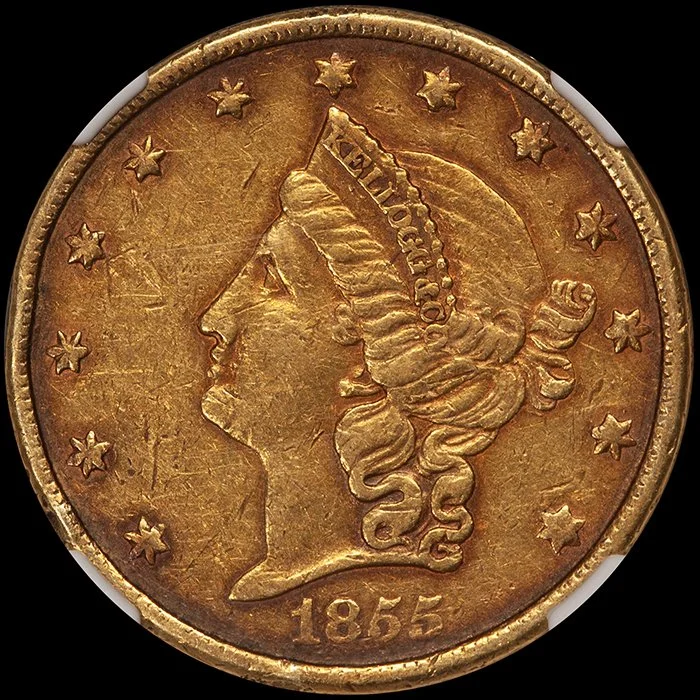 ouble Eagle. 1855 Kellogg $20.00 gold coin. NGC EF45.