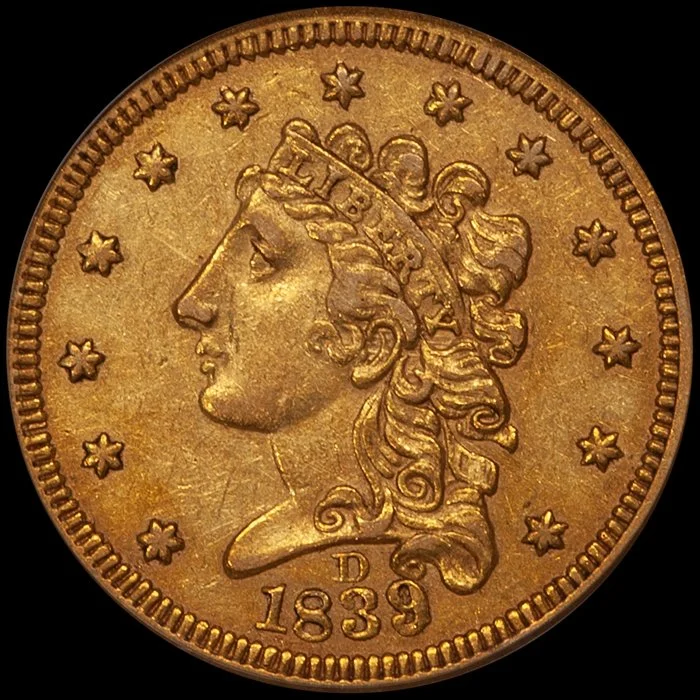 Quarter Eagle. 1839-D Dahlonega $2.50 gold coin. PCGS AU50 CAC.