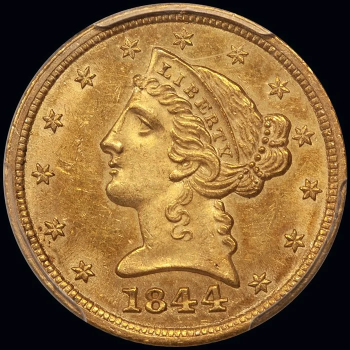 Half Eagle. 1844-D Dahlonega $5 gold coin. PCGS MS62 CAC.