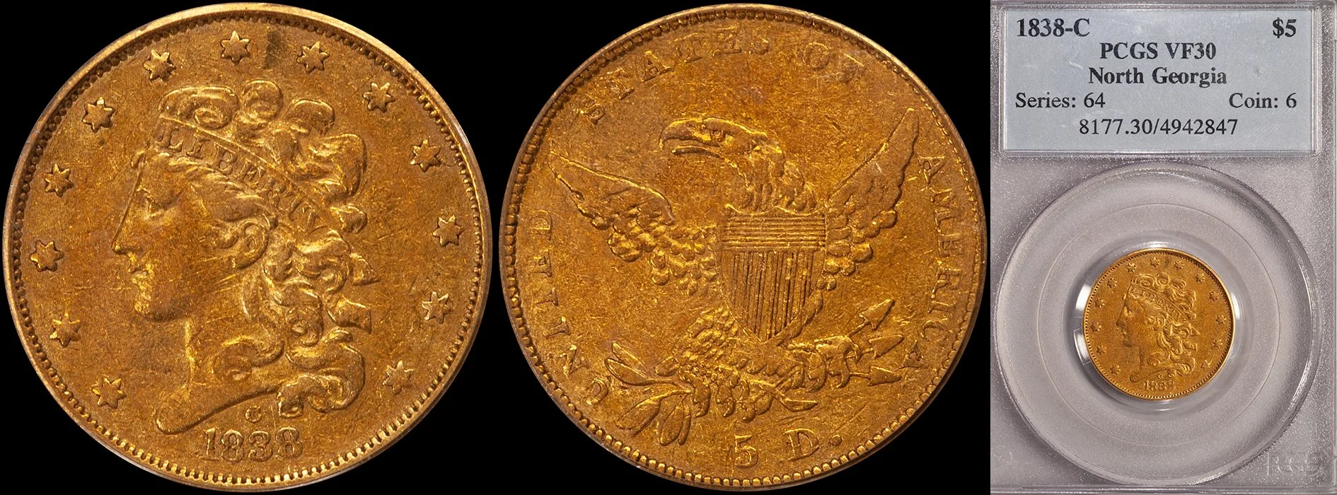 ON HOLD - $5.00 - 1838-C PCGS VF30