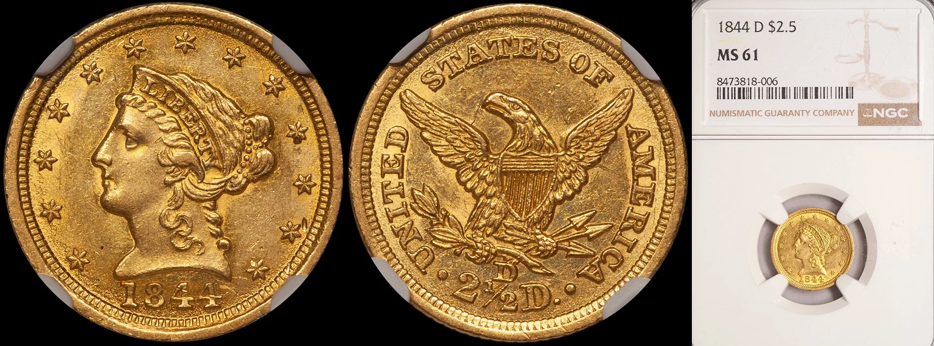 Quarter Eagle. 1844-D Dahlonega $2.50 gold coin. NGC MS61.