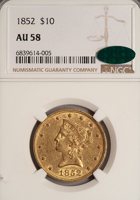 Eagle. 1852 $10 gold coin. NGC AU58 CAC.