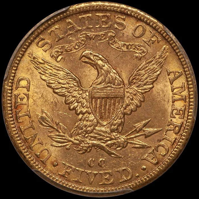Half Eagle. 1892-CC Carson City $5 gold coin. PCGS MS63+ CAC.