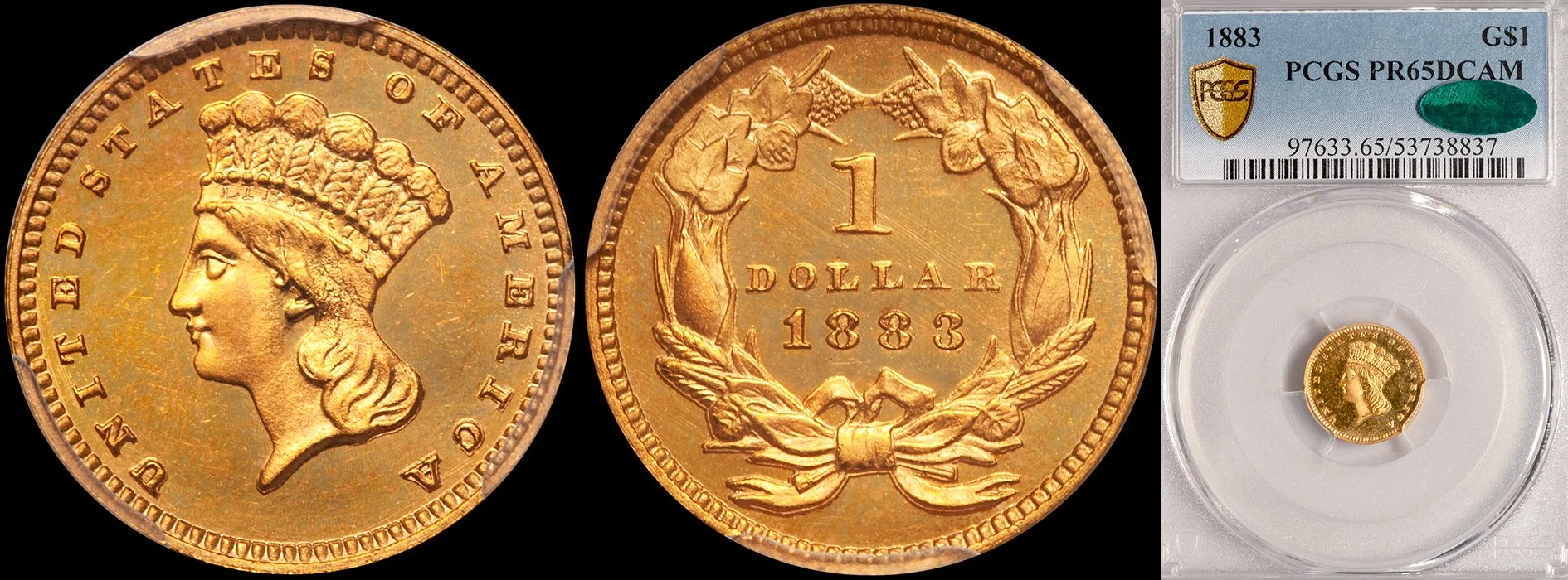 Gold Dollar. 1883 Proof $1.00 gold coin. PCGS PR65DCAM CAC.