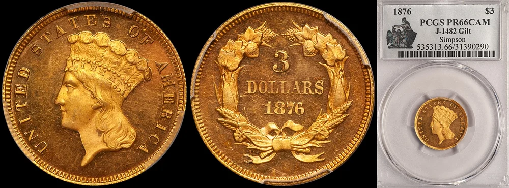 Three Dollars. 1871 J-1482 Pattern $3 gold coin. Gilt. PCGS 