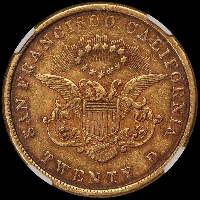 ouble Eagle. 1855 Kellogg $20.00 gold coin. NGC EF45.