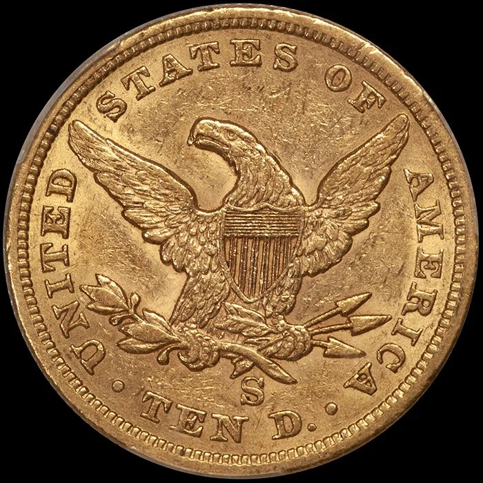 Eagle. 1861-S San Francisco $10 gold coin. PCGS AU55.