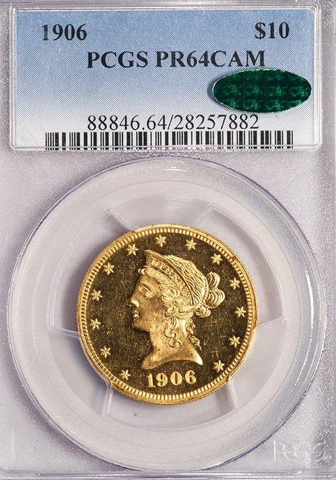 Eagle. 1906 $10 gold coin. PCGS PR64CAM CAC.