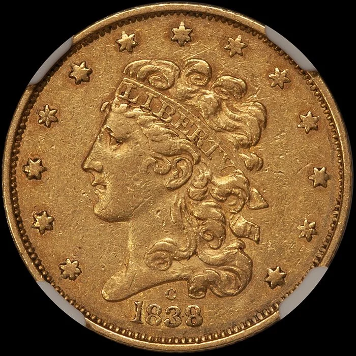 Half Eagle. 1838-C Charlotte $5 gold coin. NGC AU50 CAC.